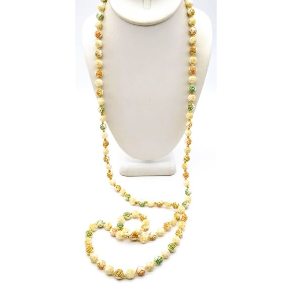 Carved Roses Long Beaded Necklace, Vintage Plastic Floral Strand in Flapper - Picture 1 of 3